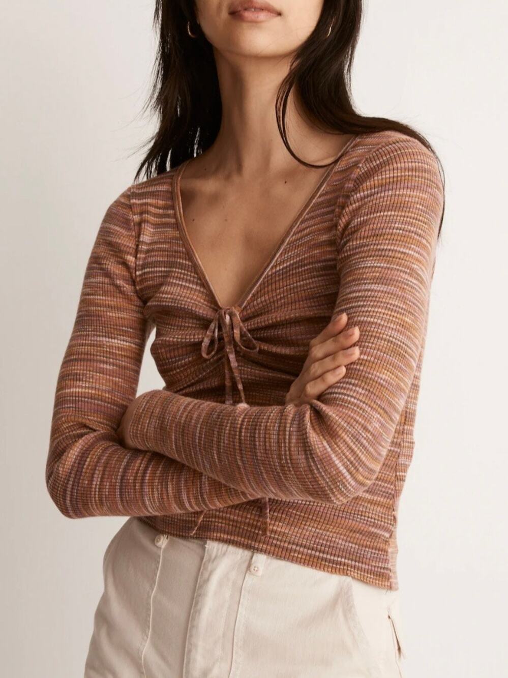 Madewell Space-Dyed V-Neck Cinched Sweater in Mahogany Fitted Size XXL
